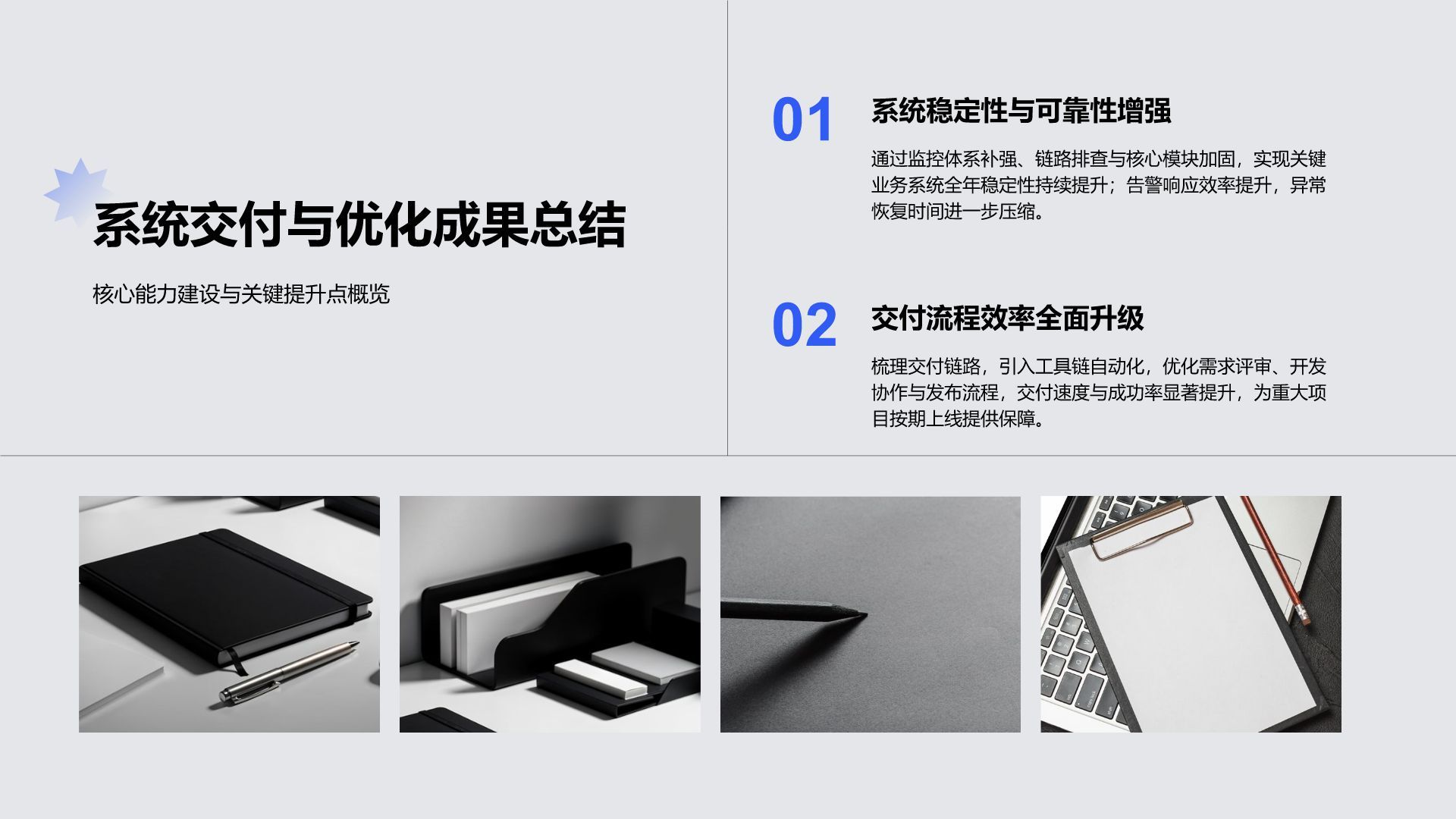 蓝色商务风技术部年终项目交付与系统优化汇报 PPT模板