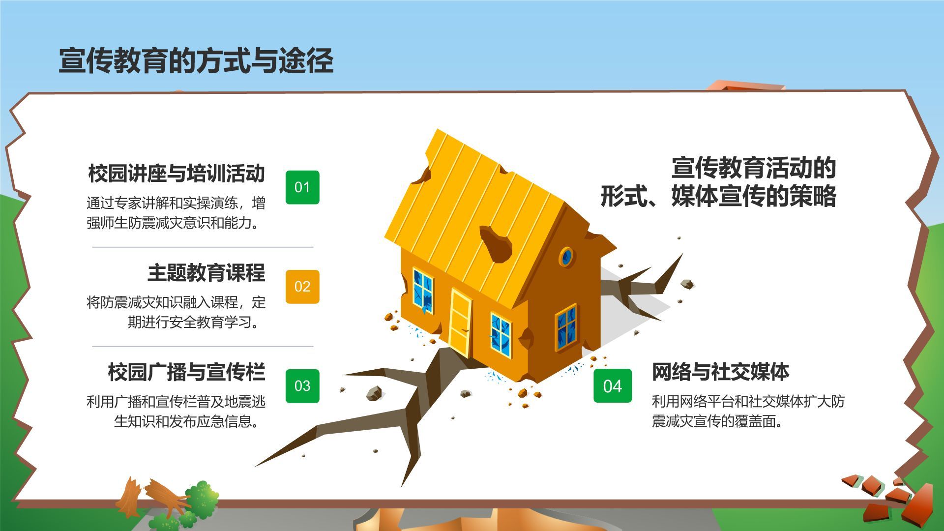 绿色插画风防震减灾安全教育PPT模板