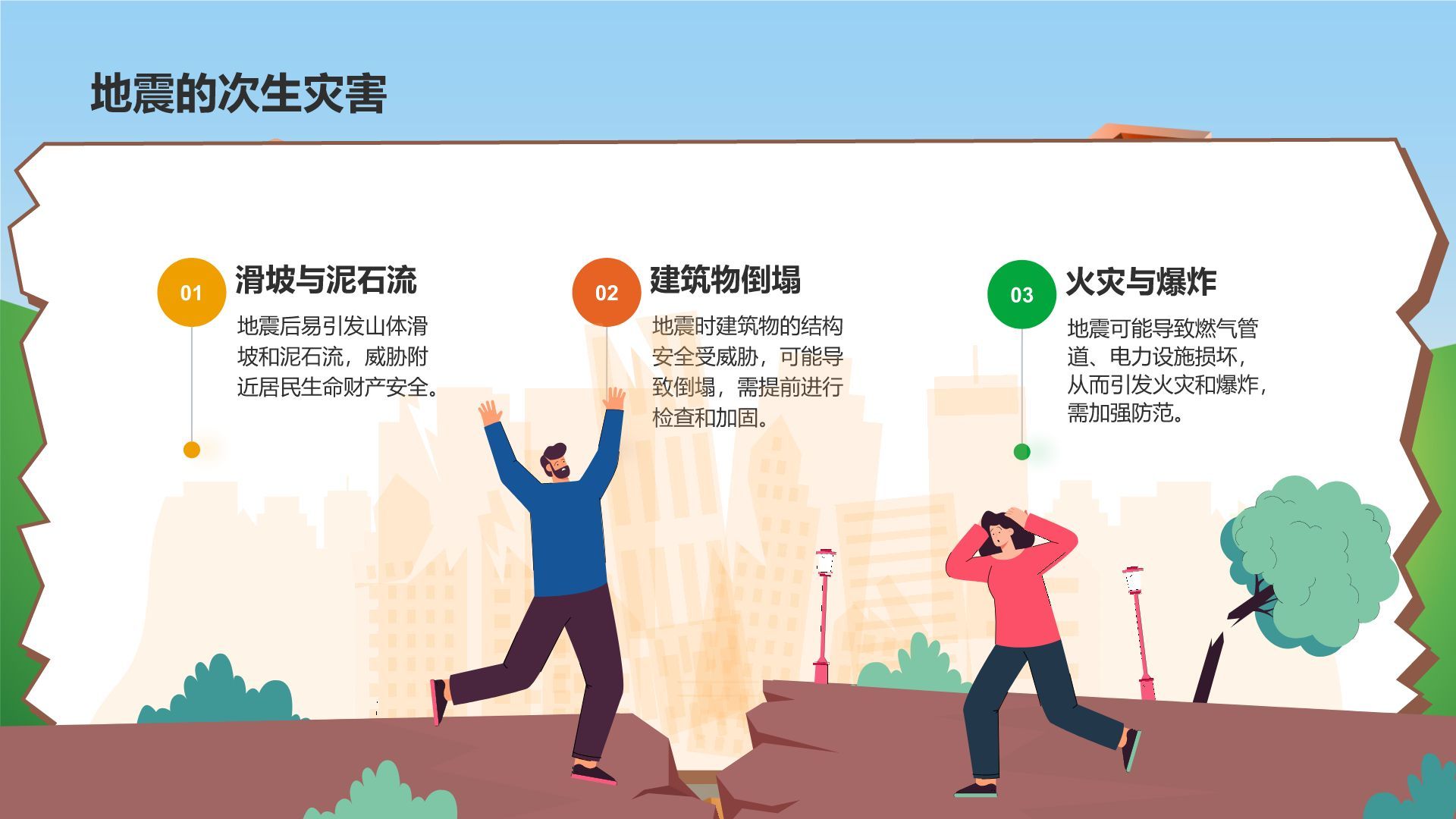 绿色插画风防震减灾安全教育PPT模板