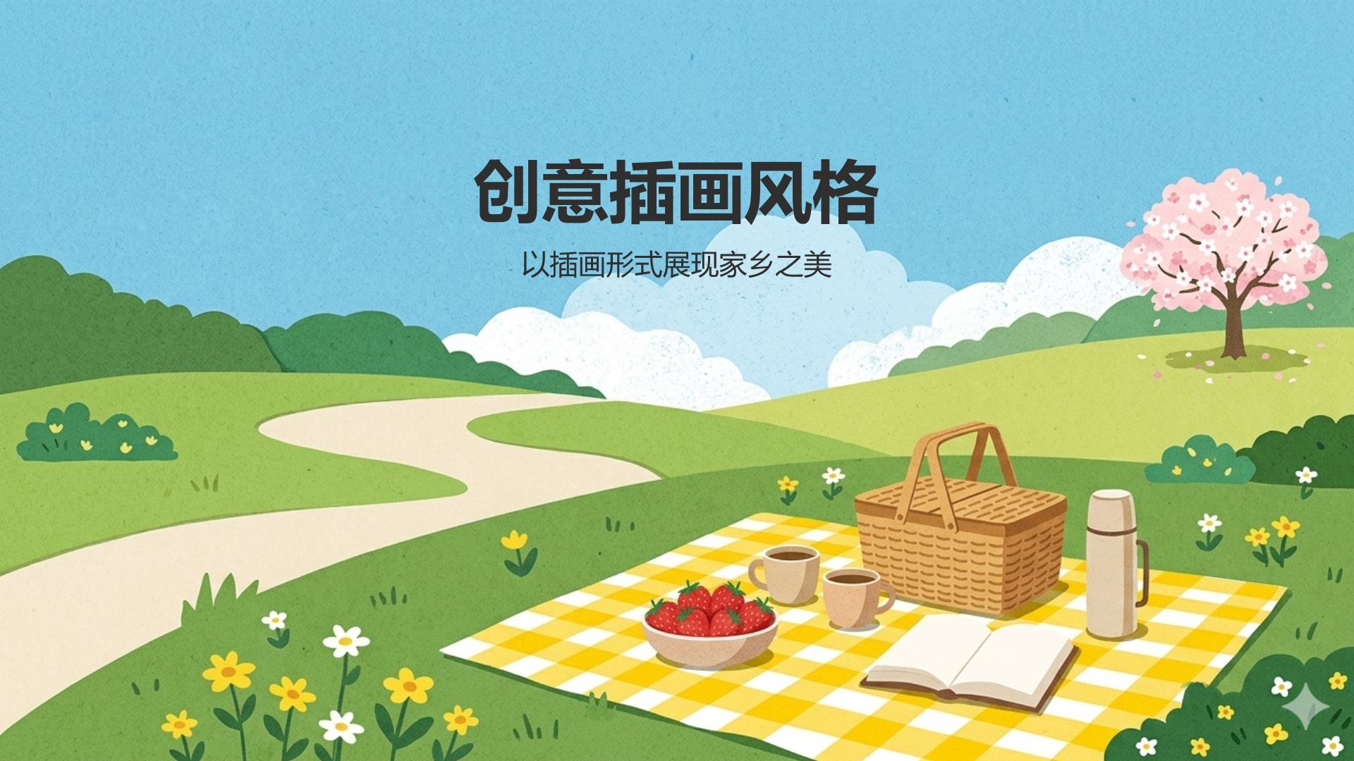 绿色插画风我的家乡PPT模板