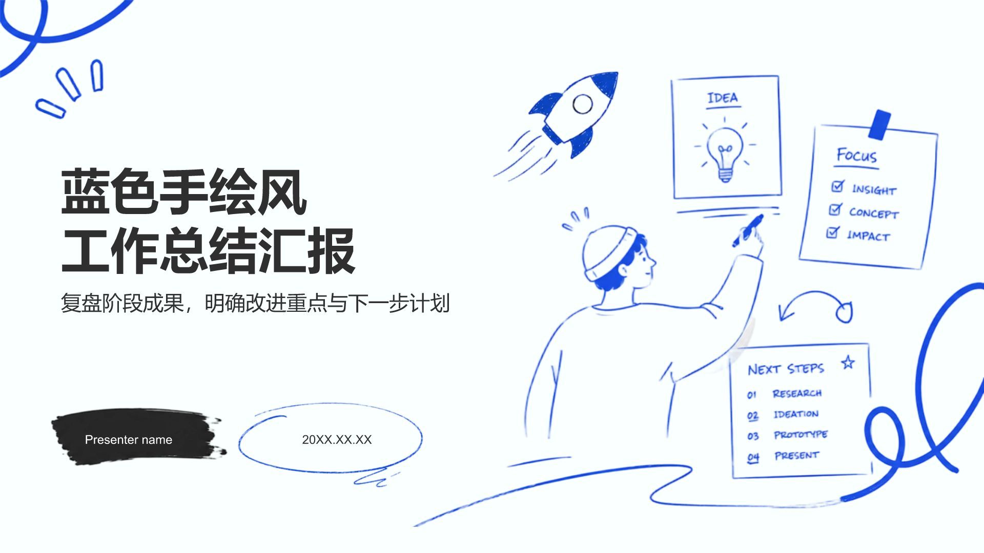 蓝色手绘风工作总结PPT模板