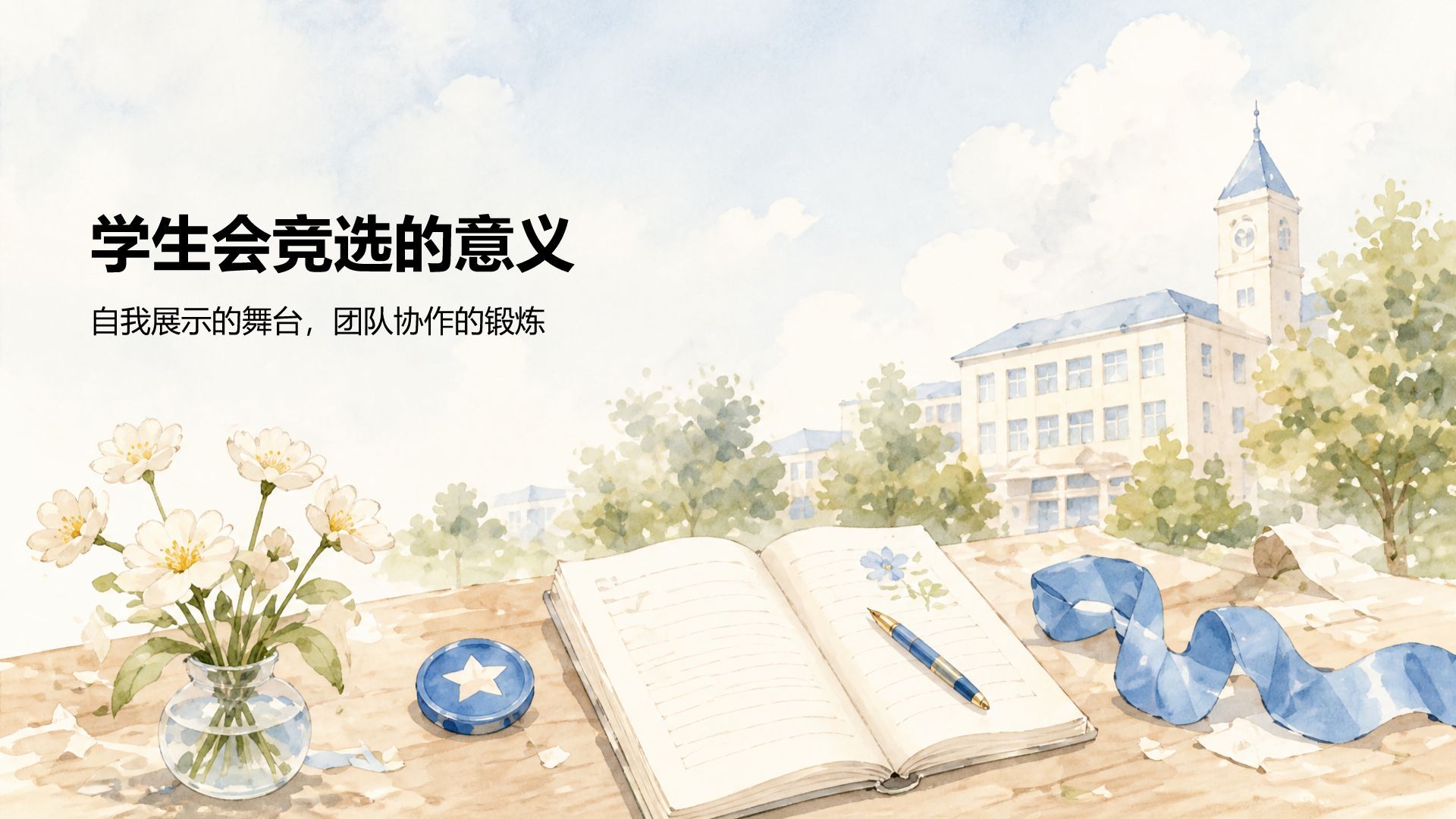 蓝色插画风学生竞选评优表彰PPT模板