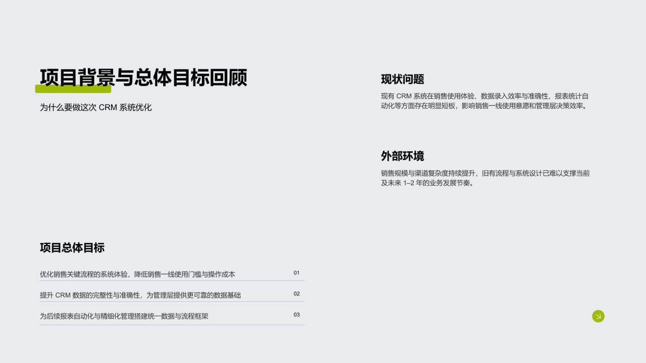 绿色商务风CRM系统优化项目 · 阶段进展汇报PPT模板