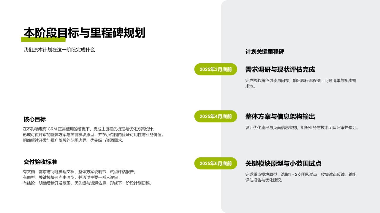 绿色商务风CRM系统优化项目 · 阶段进展汇报PPT模板