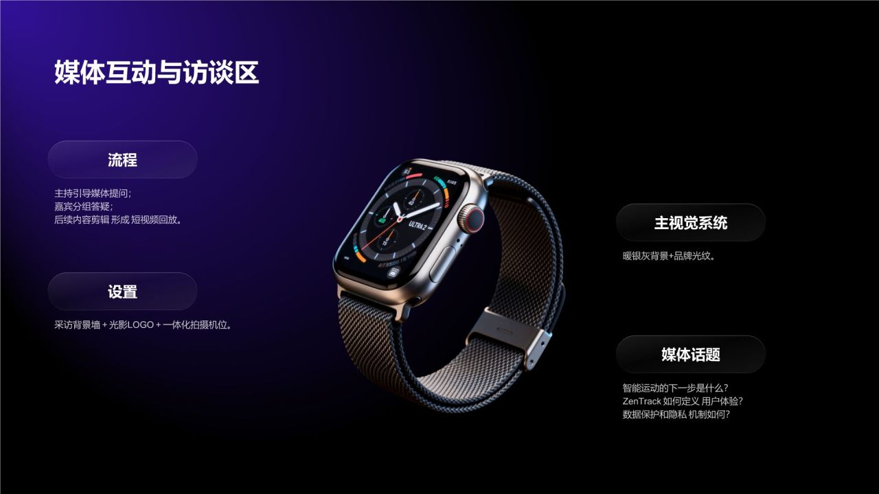 紫色科技风公关活动策划 (PR Event Plan)|ZenTrack Wear 未来运动发布会PPT模板