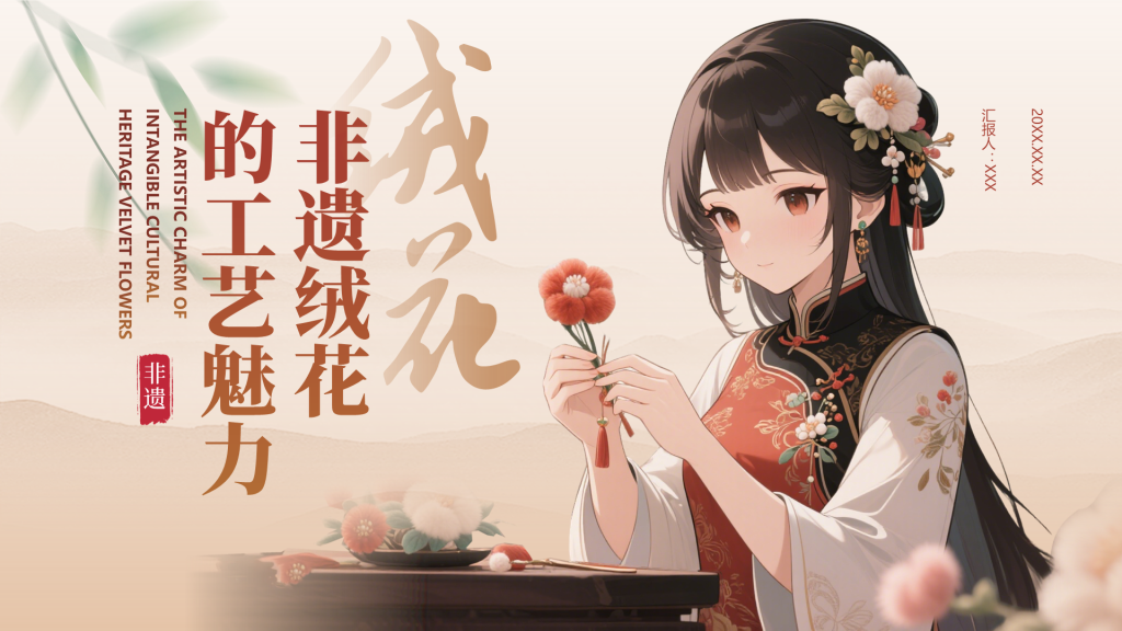红色中国风非遗绒花的工艺魅力PPT模板