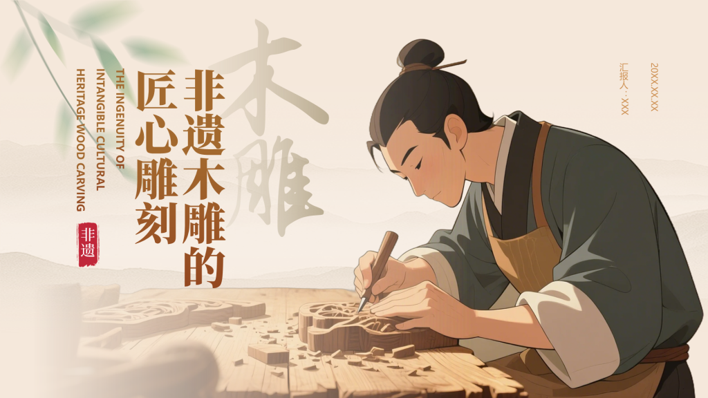 棕色国风非遗木雕的匠心雕刻PPT模板