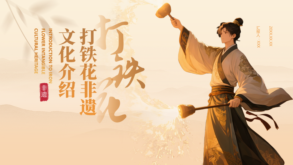 黄色中国风打铁花非遗文化介绍PPT模板