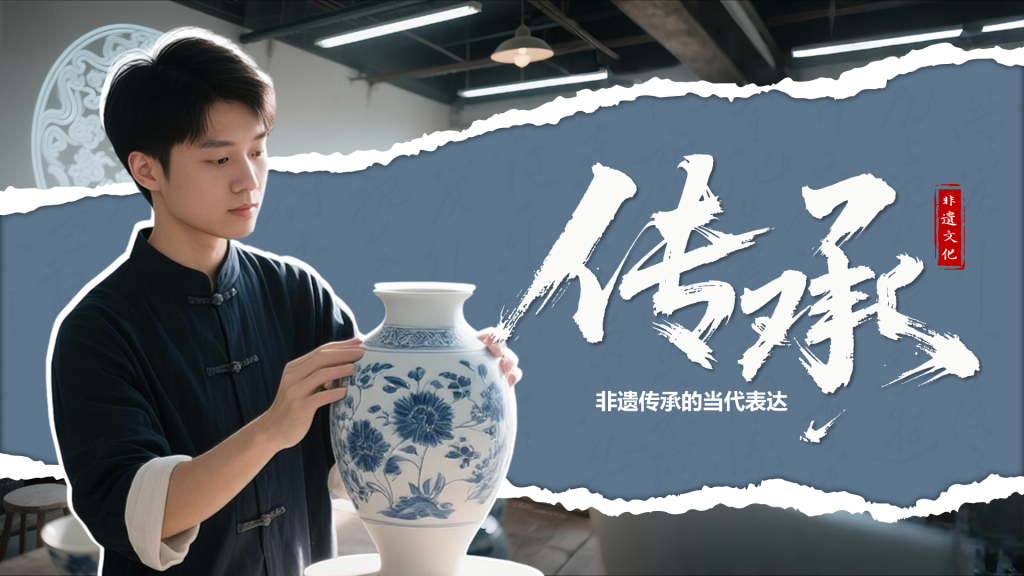 蓝灰色国风非遗传承的当代表达PPT模板