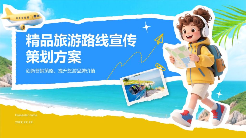 蓝色3D风精品旅游路线宣传策划方案PPT模板