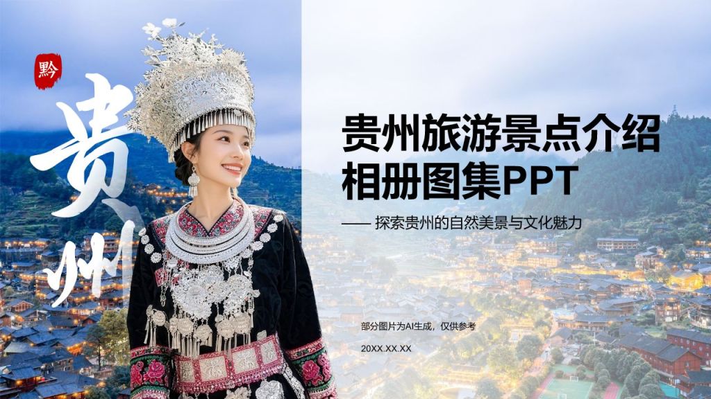 蓝色摄影风贵州旅游景点介绍PPT模板