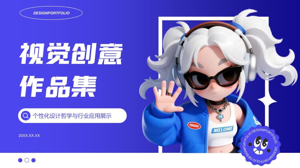 蓝色3D风视觉创意作品集PPT模板