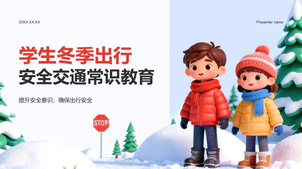 红色3D风学生冬季出行安全与交通常识教育PPT模板