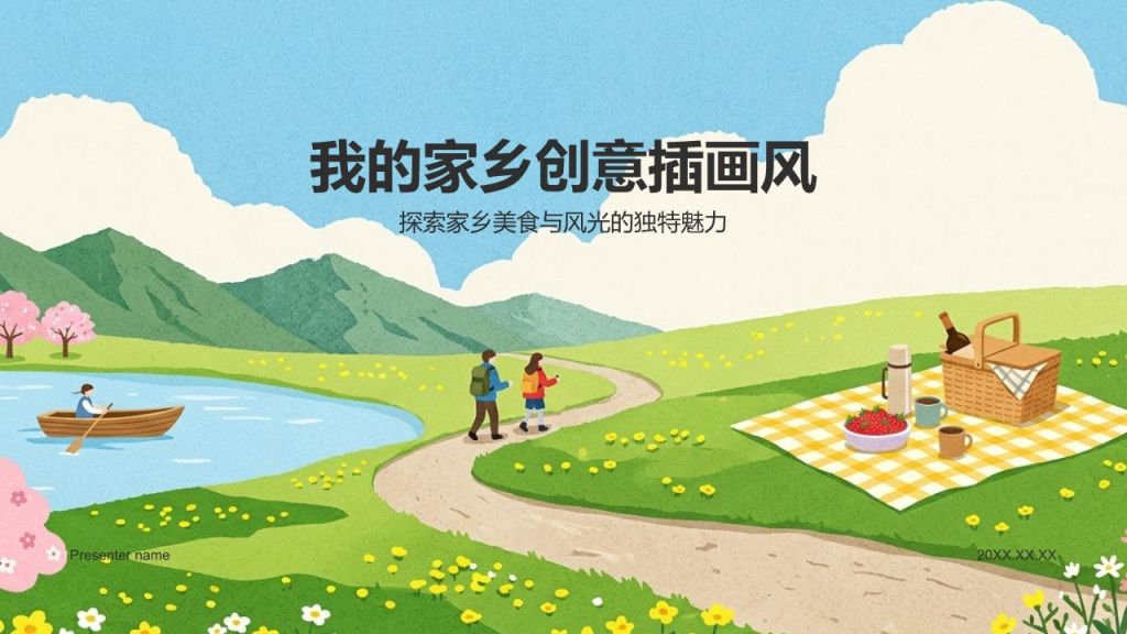 绿色插画风我的家乡PPT模板