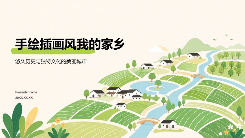 绿色手绘风我的家乡PPT模板