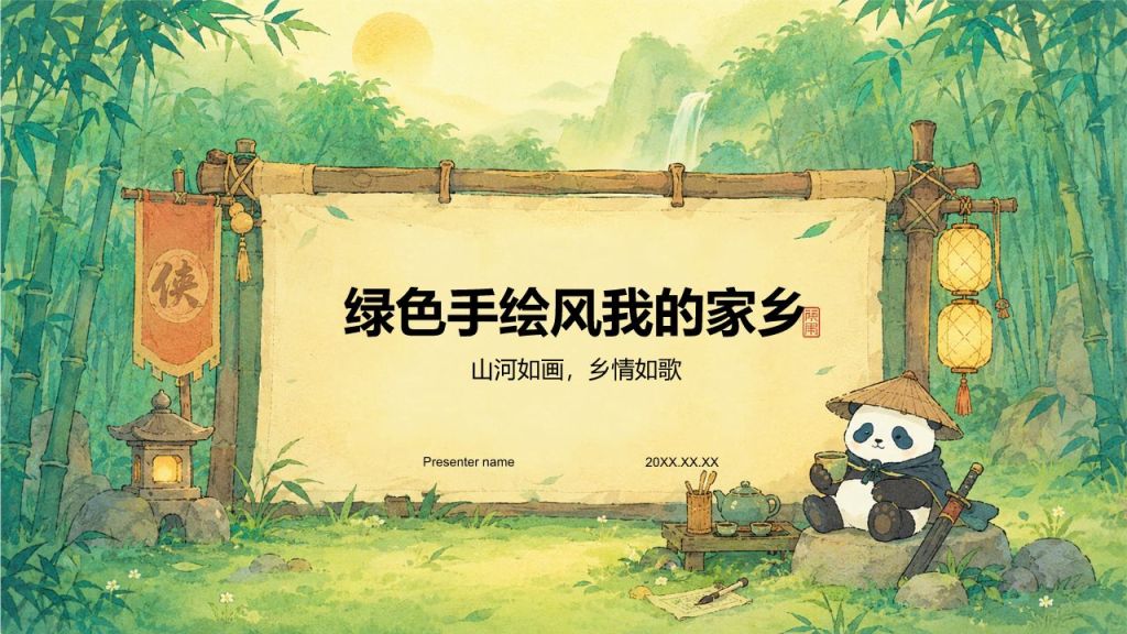 绿色插画风我的家乡PPT模板