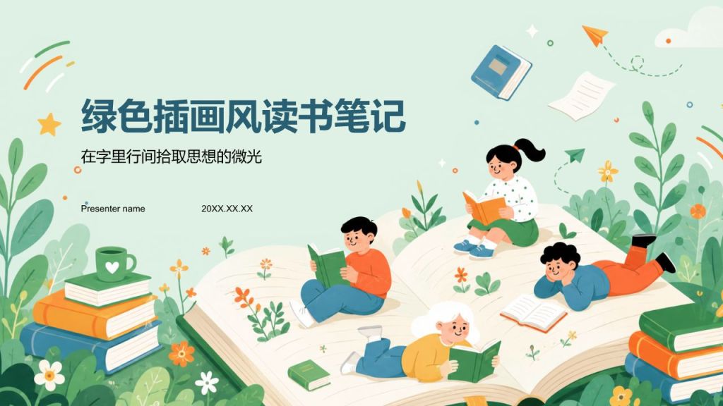 绿色插画风读书笔记PPT模板