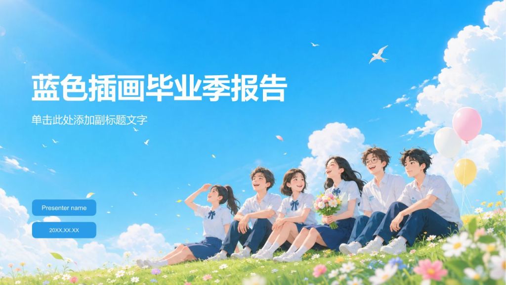 蓝色插画风蓝色插画毕业季报告PPT模板