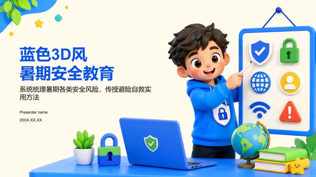 蓝色3D风暑期安全教育PPT模板