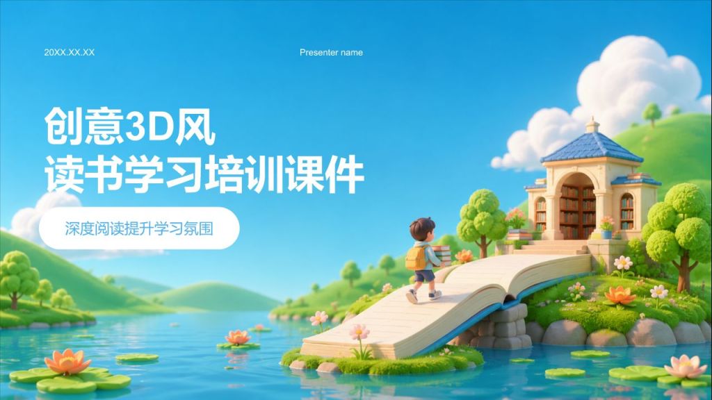 蓝色3D风读书学习培训课件PPT模板