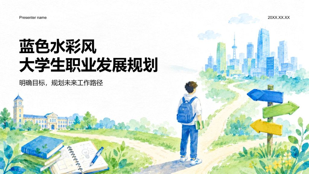 蓝色插画风大学生职业发展规划PPT模板