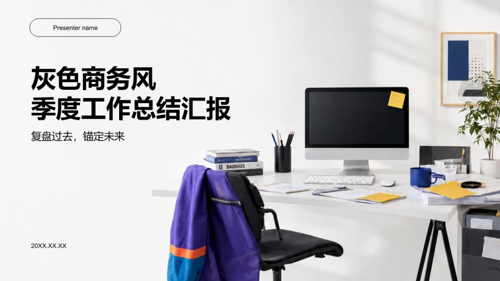 灰色商务风季度工作总结汇报PPT模板