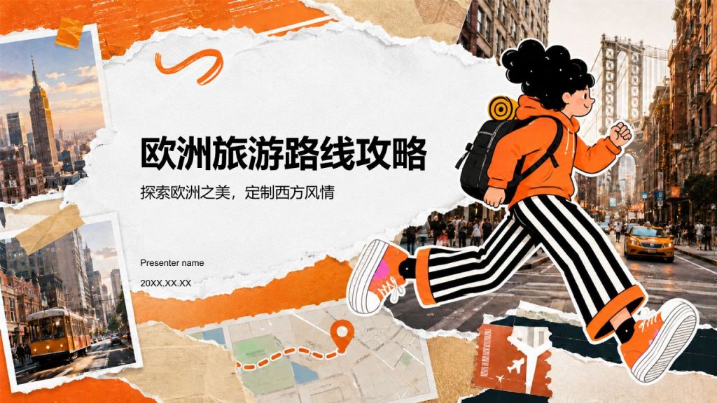 橙色创意风欧洲旅游路线攻略PPT模板