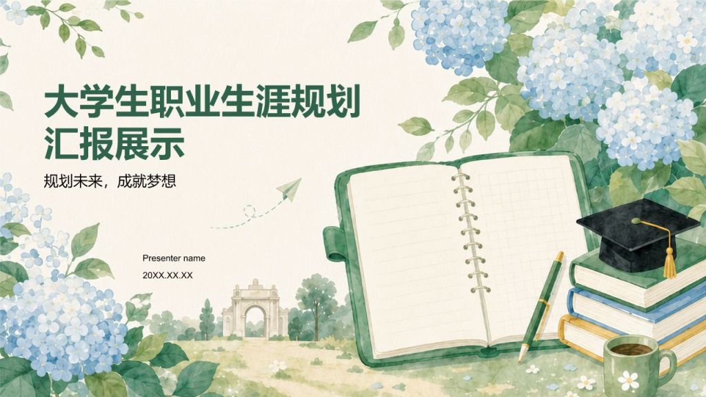 绿色插画风大学生职业生涯规划汇报展示PPT模板