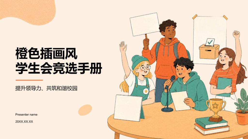橙色插画风学生会竞选手册PPT模板