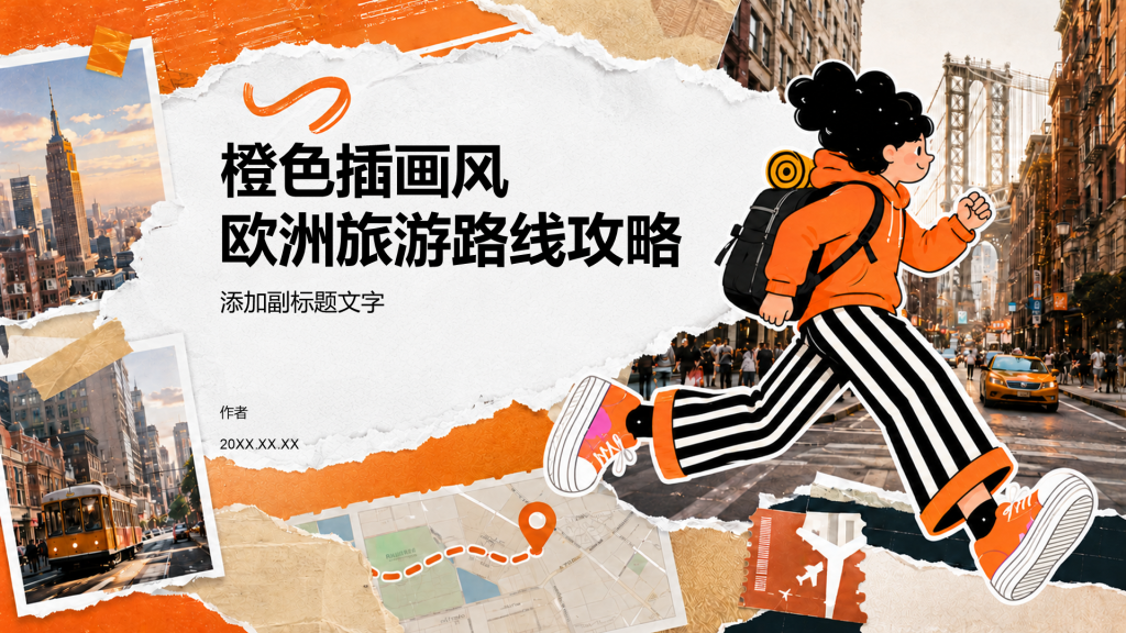 橙色插画风欧洲旅游路线攻略
