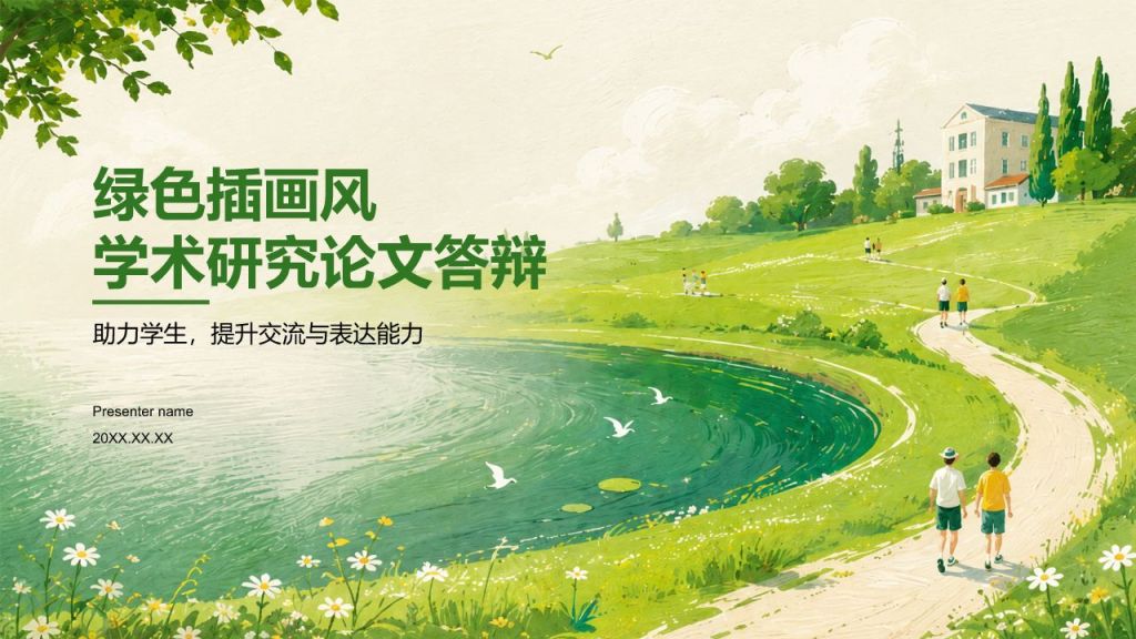 绿色插画风学术研究论文答辩PPT模板