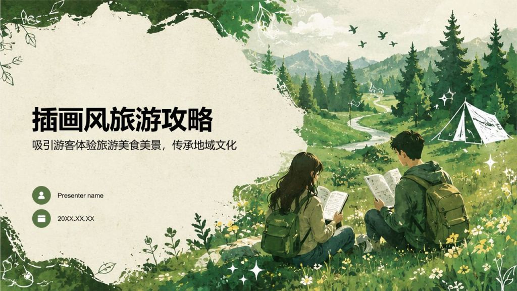 绿色插画风旅游攻略PPT模板