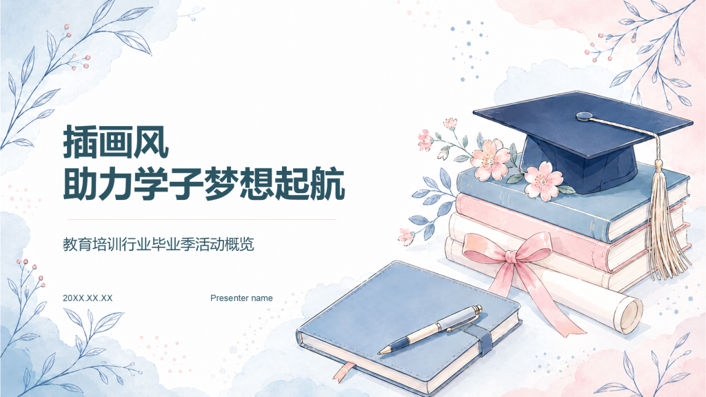 蓝色插画风毕业季PPT模板