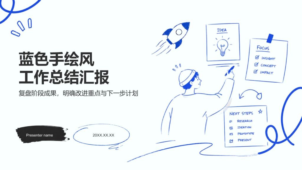 蓝色手绘风工作总结PPT模板
