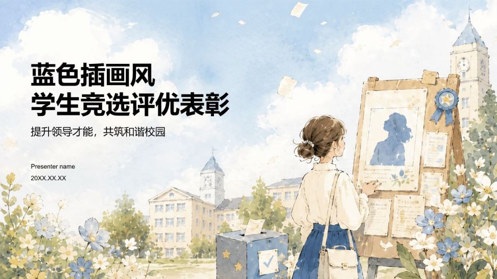蓝色插画风学生竞选评优表彰PPT模板