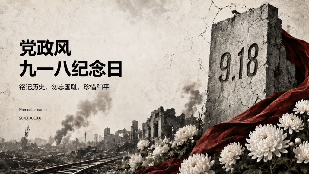 棕色党政风九一八纪念日PPT模板