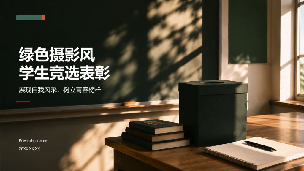 绿色摄影风绿色学生竞选表彰PPT模板