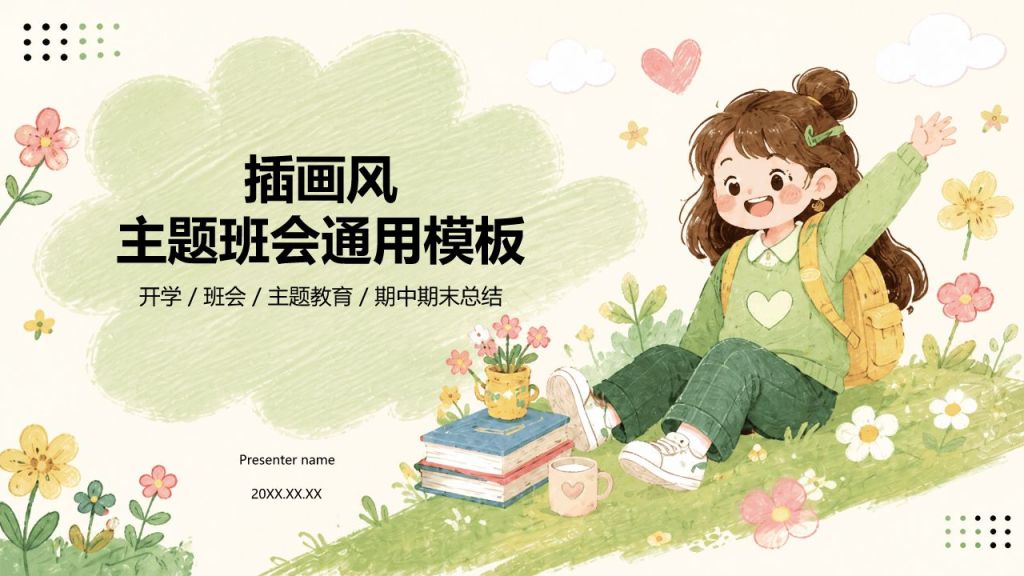 绿色插画风主题班会活动PPT模板