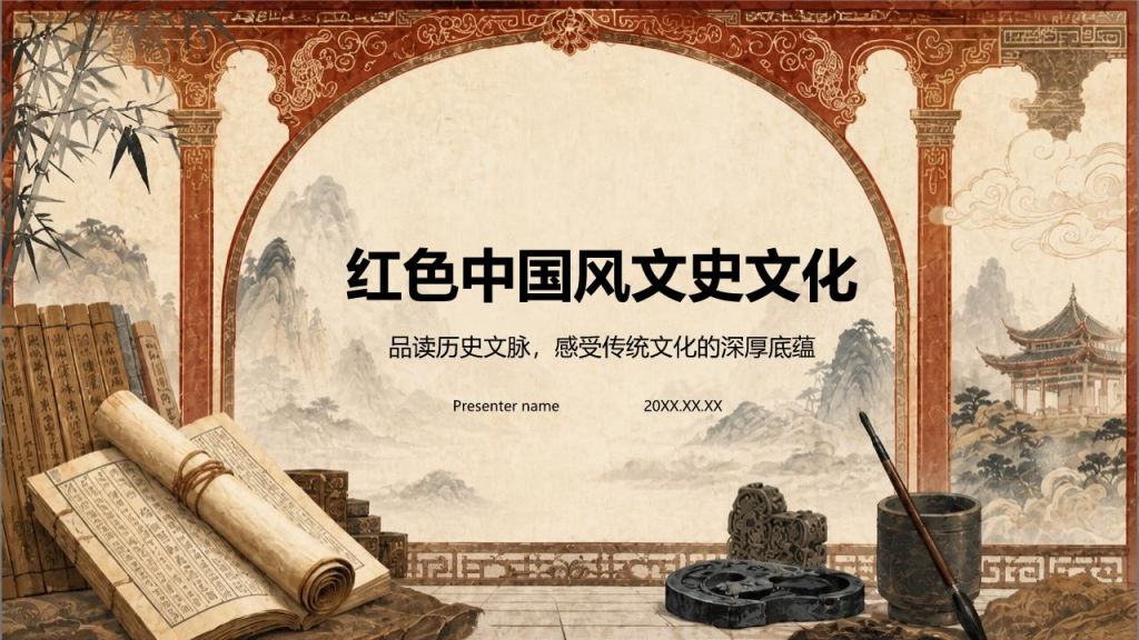 红色中国风文史文化PPT模板