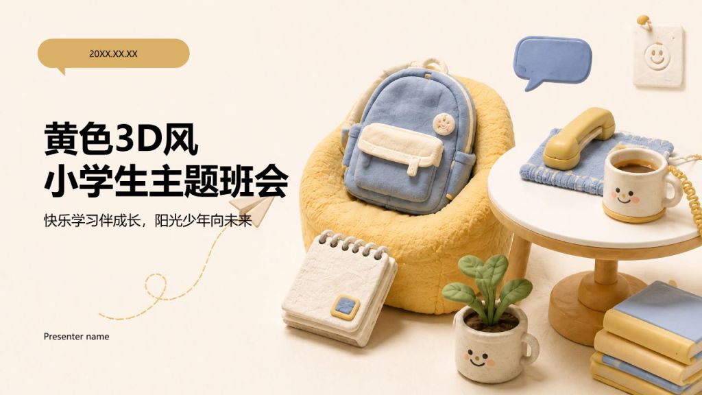 黄色3D风小学生主题班会PPT模板