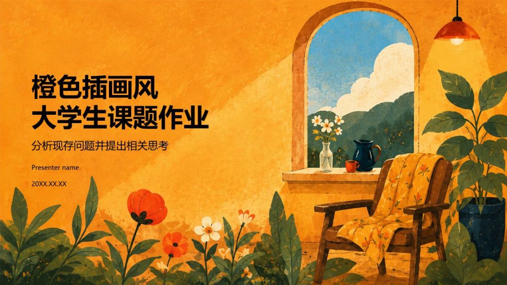 橙色插画风大学生课题作业PPT模板