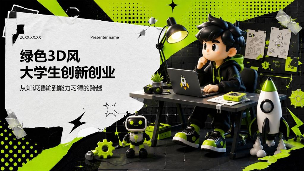 绿色3D风大学生创新创业PPT模板
