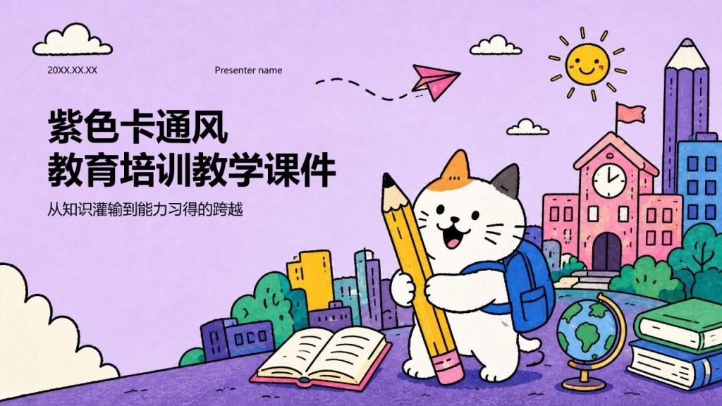 紫色卡通风教学课件PPT模板