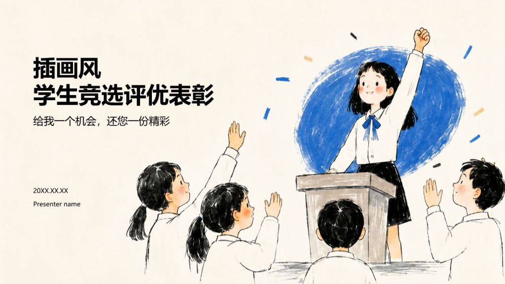 蓝色插画风学生竞选评优表彰PPT模板