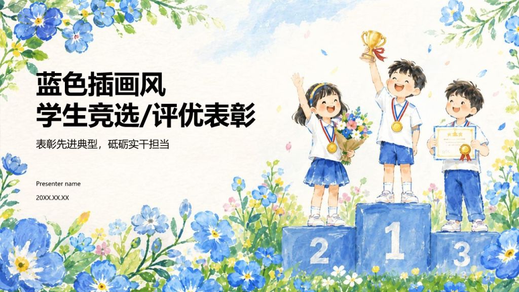 蓝色插画风学生竞选评优表彰PPT模板
